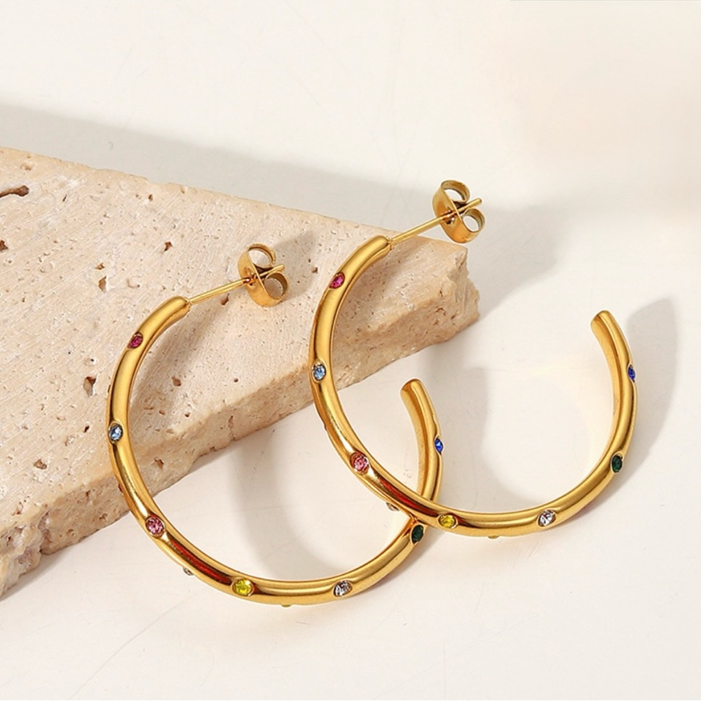 18k Gold Stainless Steel Multicolored CZ Inlay Anti-Tarnish Luxury Hoop Earrings